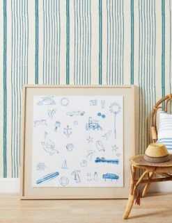 Two Tone Stripe Grasscloth Wallpaper By Nathan Turner -Lulu Andgeorgia Shop Wallshoppe Grasscloth ToneToneStripe SeaGreen Blue